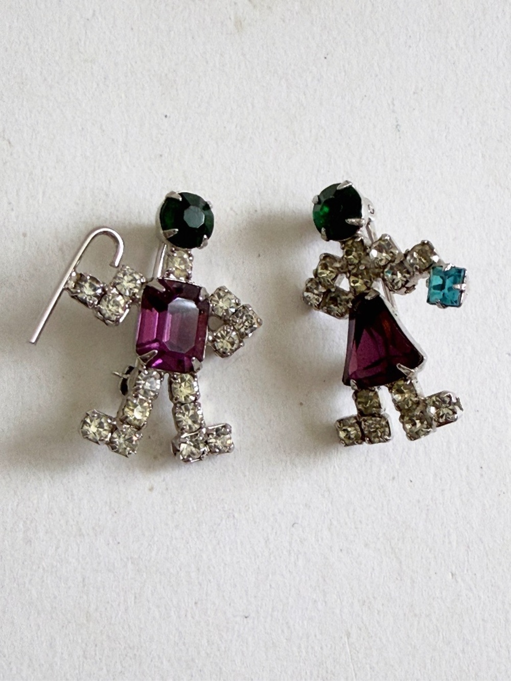 Vintage Unsigned Rhinestone Twins Figural Brooch Set of Two